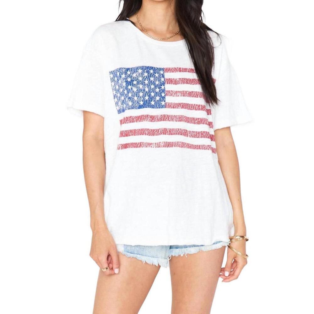 Like-new Show Me Your MuMu White Short Sleeve Tee with Red and Blue Flag Graphic
